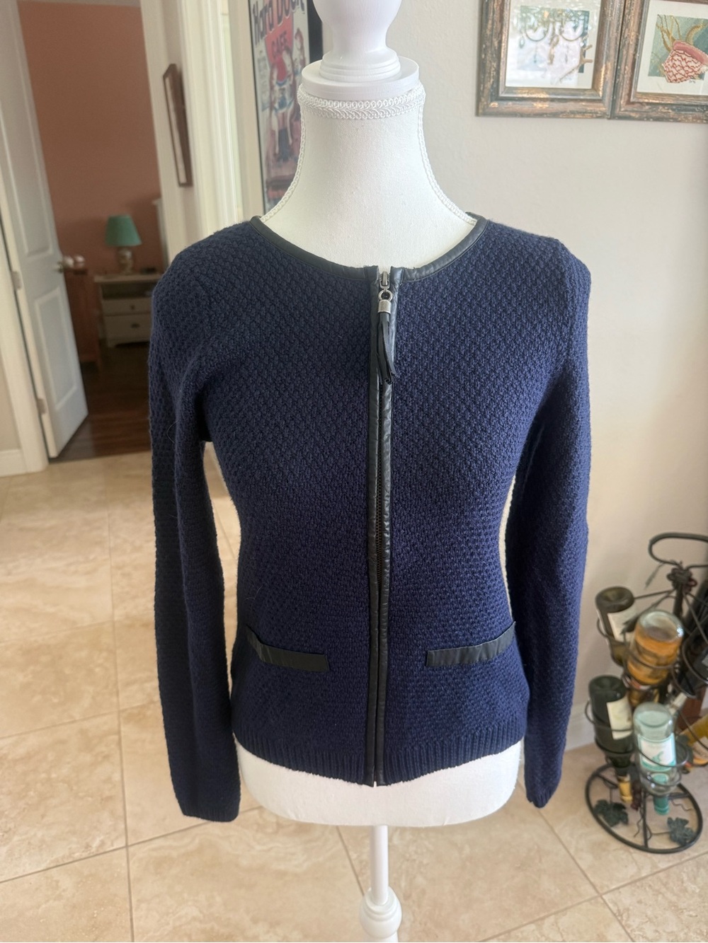 Navy Zip-Front Knit Cardigan